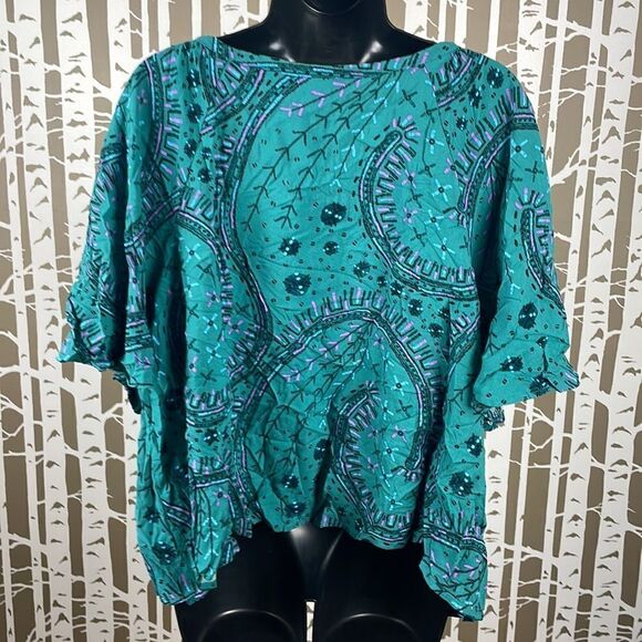 AVA & VIV teal swirl print cropped flutter sleeve top with embroidered trim 2X - Picture 2 of 14